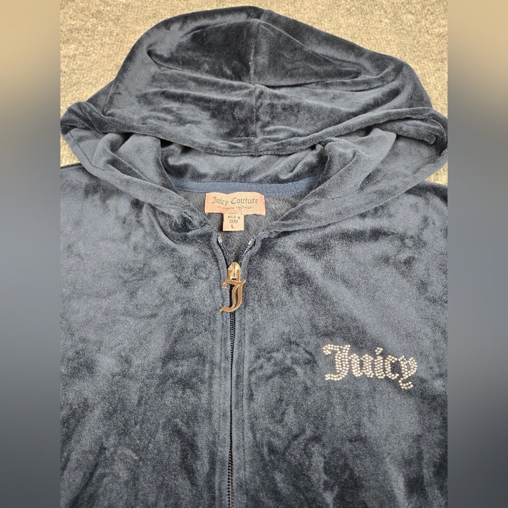 Juicy Couture Velvet Track Hoodie Jacket LARGE Blue Velour Full Zip Y2K